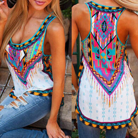 BOHEMIAN LOOSE LONG WOMEN TOP TRIBE PRINT BEACH CASUAL TANK
